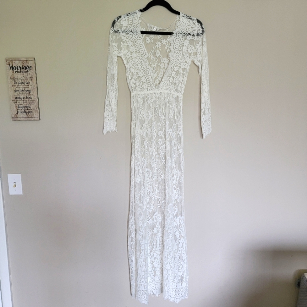 Delicate White Lace Sheer Gown Empire Waist Dress Maternity Bridal Romantic